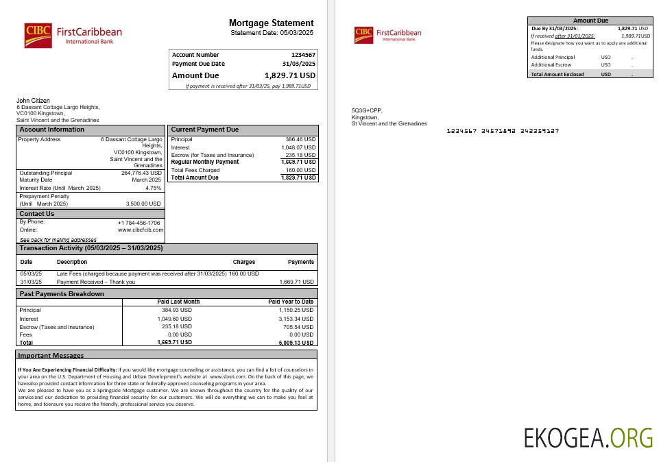 Saint , Vincent , et , les Grenadines Premier relevé hypothécaire bancaire international des Caraïbes en Word et PDF pour